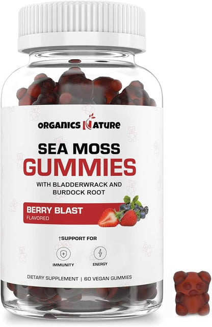 ORGANICS NATURE Irish Sea Moss Gummies for Lung Detox, Thyroid, Strength Immune & Energy Support, Vegan Seamoss Gummies for Kids & Adults - 60 Vegan Gummy Bears Berry Flavored