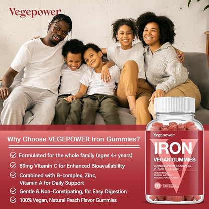 Iron Gummies Supplements for Women & Kids - Multivitamin with Iron for Blood Oxygen, Great Tasting Gummy Vitamins with Vitamin C for Max Absorption - Vegan Chewable, Peach Flavor(3 Packs)
