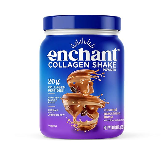 Enchant Collagen Shake powder, Caramel Macchiato flavor – 20g Grass Fed Collagen Peptides, Avocado Oil Creamer, source of Omega 9 Fats + Fiber, Promotes Hair, Nail, Skin, Bone & Joint Health, 0.80 lb