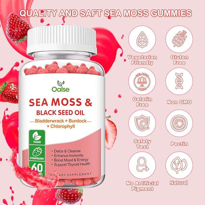 Sea Moss Gummies for Adults Kids with Chlorophyll, Bladderwrack, Burdock Root, Blck Seed Oil, Vitamin C & D3, Zinc, 8-in-1 Potent Formula Supports Immune System & Boost Energy (1-Pack)