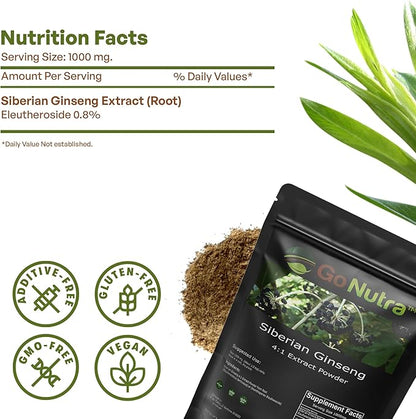 Go Nutra Siberian Ginseng Powder 4:1 Extract 4X Times Stronger Non-GMO 1lb (16 oz) Eleuthero Root