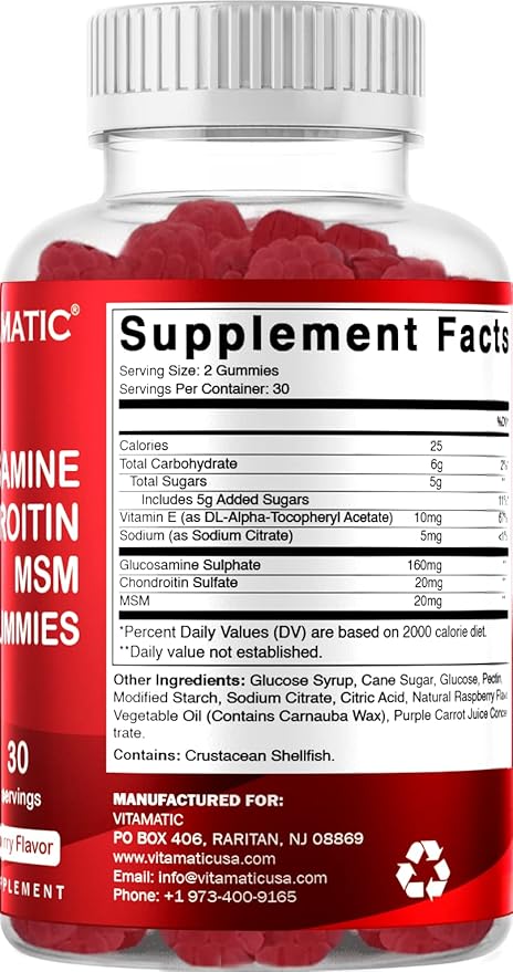 Vitamatic Glucosamine Chondroitin Gummies with MSM & Vitamin E – Joint Support Formula – 60 Pectin-Based Vegan Gummies
