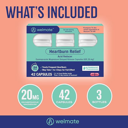 WELMATE - Esomeprazole Magnesium 20 mg - Heartburn Medicine - Acid Reducer - Delayed Release Heartburn Relief - 24hr Protection - for Men & Women - 42 Capsules - 1 Pack