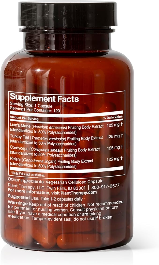 Plant Therapy Lion’s Mane Capsules Manufactured in USA 4 Month Supply with Turkey Tail and Cordyceps Supports Memory Focus Supplements for Women & Men Brain Boost 120 Vegetarian Capsules