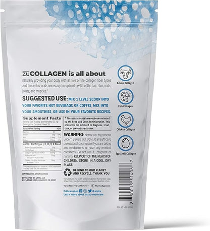 UMZU ZuCollagen Hydrolyzed Protein Powder | 5 Collagen Peptide Types for Healthy Hair, Skin, Nails, Joints & Gut | Low Calorie, High Protein (20g Protein per Serving | Unflavored)