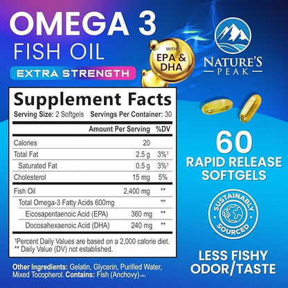 Omega 3 Fish Oil 2400 mg Supplement, Sustainably Sourced, Triple Strength Omega-3 Supplement Softgels, Brain Health Support, EPA & DHA Fish Oil Fatty Acids Supplements, Gluten & GMO Free, 60 Softgels