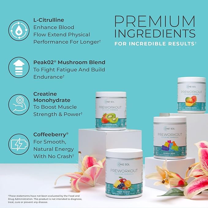 One Sol Pre-Workout for Women, Enhanced Pump & Focus, No Jitters Or Crash, Natural Ingredients, 100% Vegan, Gluten Free & Soy Free, (Mango Guava)