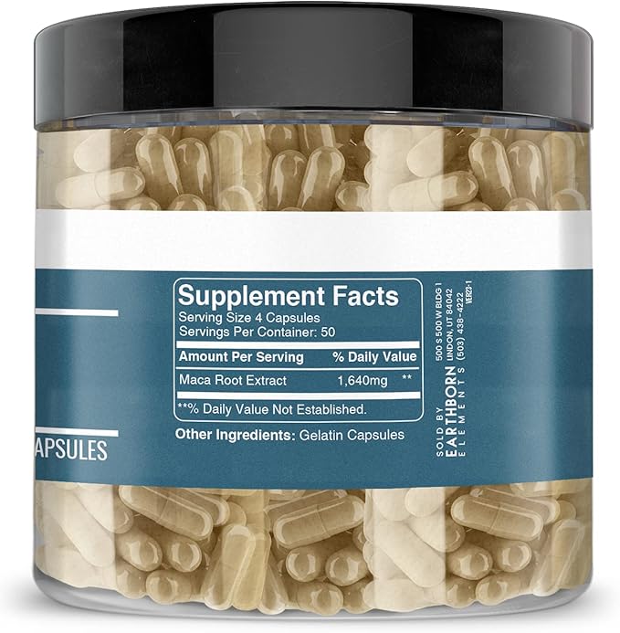 Earthborn Elements Maca Root Extract 200 Capsules, Pure & Undiluted, No Additives