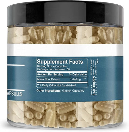 Earthborn Elements Maca Root Extract 200 Capsules, Pure & Undiluted, No Additives