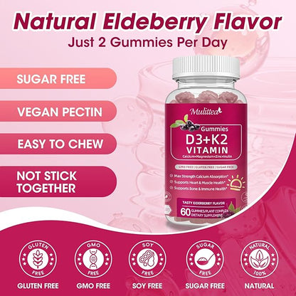 Vitamin D3 10000 IU + K2 (MK7) 200mcg w/Calcium Magnesium Zinc Elderberry & Inulin-Highly Bioavailable-Enhanced Absorption for Immune & Bone Support- K2 D3 Vitamin Supplement-Vegan Gummies