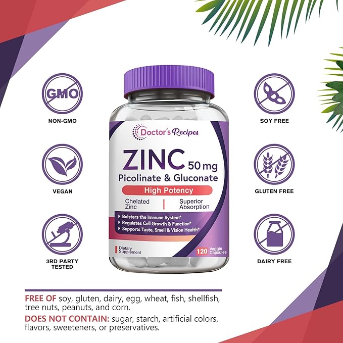 Doctor’s Recipes Zinc 50mg, Highly Absorbable Zinc Picolinate & Gluconate, Supports Natural Immune Defense, DNA & Protein Formation, Cell Growth, Non-GMO, 120 Veggie Capsules