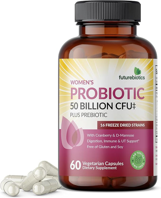 Futurebiotics Women's Probiotic 50 Billion CFU + Prebiotic with Cranberry & D-Mannose – Digestion Immune and Urinary Tract Support, Non-GMO, 60 Vegetarian Capsules