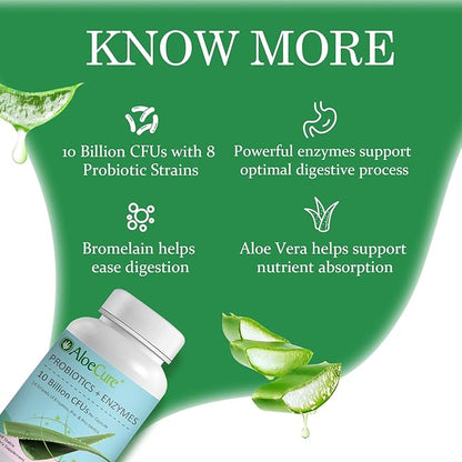 AloeCure Probiotics with 10 Billion CFU for Women's Health + Enzymes, Prebiotics, & Aloe Vera for Full Spectrum Support to Maximize Absorption & Gut Support for Men and Women, 30 Capsules
