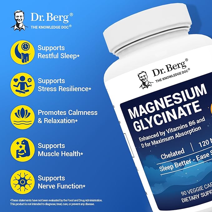 Dr. Berg Magnesium Glycinate with Vitamin D, B6 & Zinc for Stress Relief, Calm, Relaxation, & Good Sleep* - 120 mg Per Magnesium Supplement Capsule - Chelated Magnesium Glycinate - 90 Caps