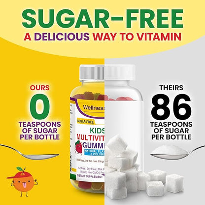 WellnessOne Kids Multivitamin Gummies - Sugar-Free Immune Support Supplement Packed with Vitamin C, B6, B12, Folic Acid & More - Natural Strawberry, Pineapple & Orange Flavors - 60 Gummy Vitamins