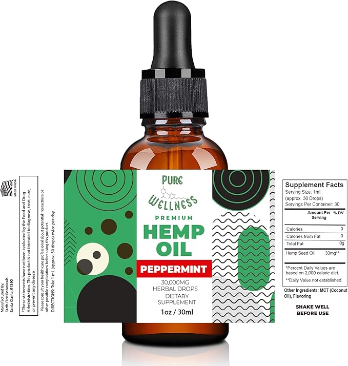 Organic Hemp Seed Oil (4 Oz), Peppermint Flavor, High Potency 30,000 mg - Helps in Natural Relief, Sleep, Relaxation & Mood, Transparent Hemp Oil Dosage, Non-Habit Forming - Non-GMO, Vegan