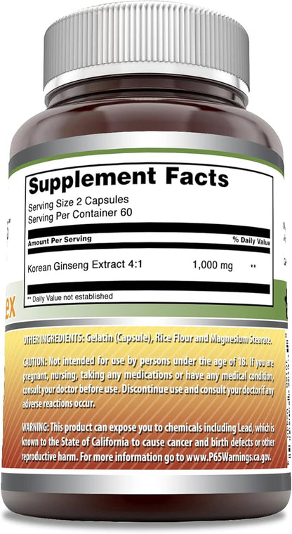 Amazing Formulas Ginseng Complex 1000mg of 4:1 Korean Ginseng Extract, 120 Capsules Supplement | Non-GMO | Gluten Free | Made in USA