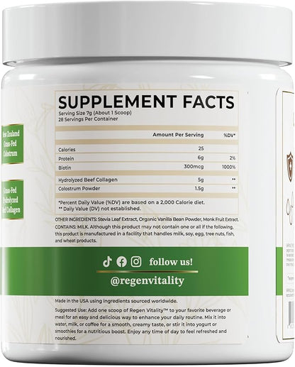 Grass-Fed Colostrum & Collagen Powder | Gut Health, Hair, Skin & Joint Support | New Zealand Bovine Colostrum, Hydrolyzed Collagen Peptides, 300mcg Biotin | Vanilla Bean | 28 Servings
