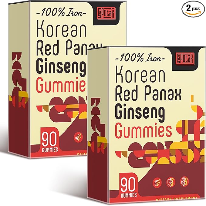 Korean Red Panax Ginseng Supplement Gummies - Iron Supplements for Women & Men - Iron Gummies with Vitamin C, B6, B12, Potassium & Magnesium, Vegan - 180 Count
