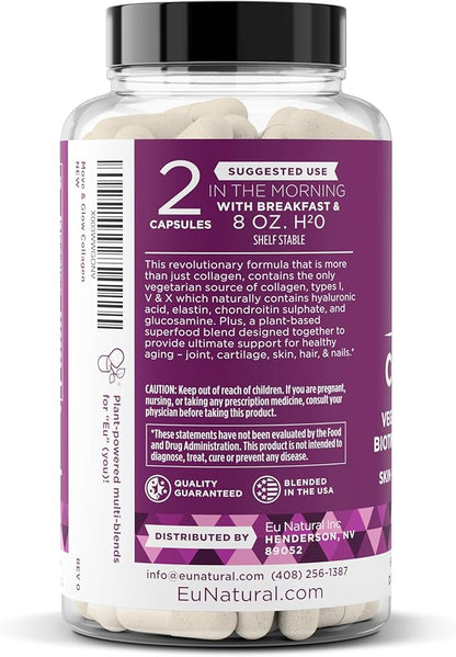 Move & Glow Collagen Pills for Women & Men – Vegetarian Multi-Collagen (Type I-V-X) with 9 Plant-based Superfoods for Skin Health & Joint Support – Biotin, Vitamin C, Vitamin E, 60 Vegetarian Capsules