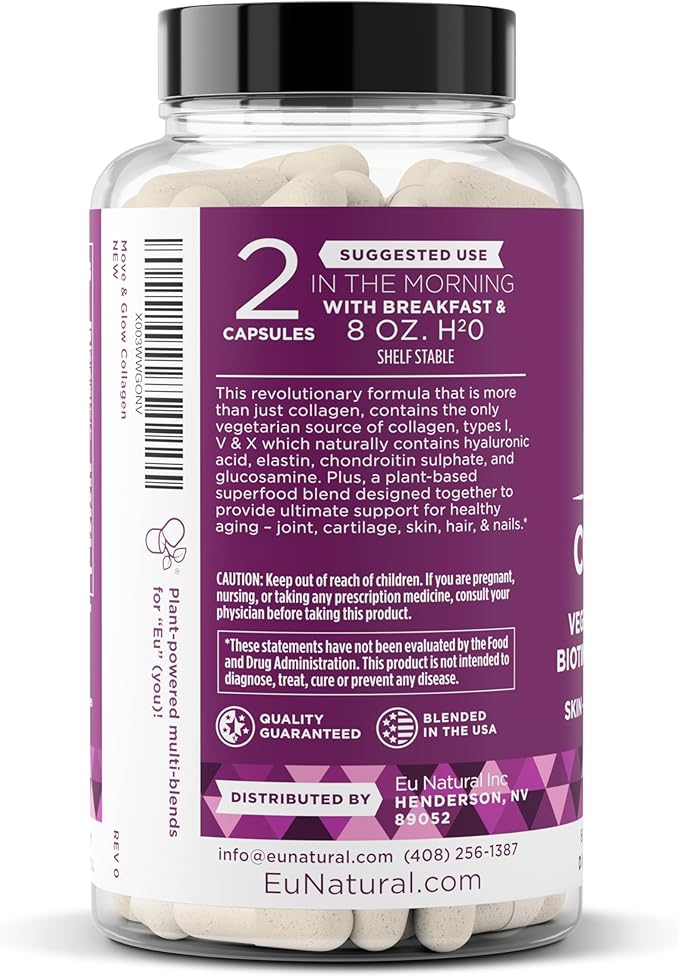 Move & Glow Collagen Pills for Women & Men – Vegetarian Multi-Collagen (Type I-V-X) with 9 Plant-based Superfoods for Skin Health & Joint Support – Biotin, Vitamin C, Vitamin E, 60 Vegetarian Capsules