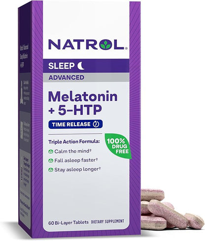 Natrol Melatonin + 5-HTP Advanced Time Release Sleep Aid, Triple Action Formula, Calm the Mind, Fall Asleep Faster and Stay Asleep Longer, 60 Bi-Layer Tablets, Up to a 60 Day Supply