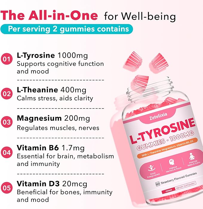 L Tyrosine Gummies, L-Tyrosine Supplement Gummies, L-Theanine Gummies with Vitamin B6 D3, Focus Gummies Support Brain, Memory, Energy, Mood for Adult & Kids, Strawberry Flavor, 60 Count