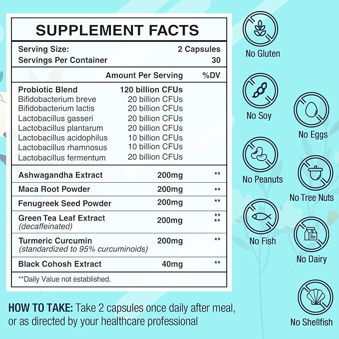 Menopause Supplements for Women, 120 Billion CFU Probiotic, 13-in-1 Herbs Probiotics Complex, for Menopause Relief, Hormone Balance, Hot Flashes, Night Sweats, Mood Swings, Gut & Immunity - 60 Capsule