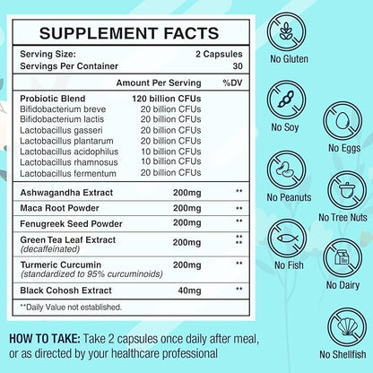 Menopause Supplements for Women, 120 Billion CFU Probiotic, 13-in-1 Herbs Probiotics Complex, for Menopause Relief, Hormone Balance, Hot Flashes, Night Sweats, Mood Swings, Gut & Immunity - 60 Capsule