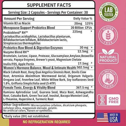 Lovely Menopause Supplement + Hormone Balance + Weight Management, Hot Flashes, Mood Swings, Vaginal Health & Dryness | Black Cohosh, Dong Quai, Ashwagandha + Probiotics, Woman Supplement, 60 ct