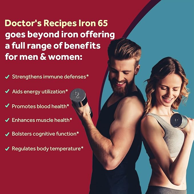 Doctor's Recipes Iron Supplement 65 mg with Vitamin C - Maximized Absorption & Stomach Friendly Iron Pills for Red Blood Cells Formation, Heart, Brain & Immunity Health - Vegan Non-GMO 120 Iron Tabs