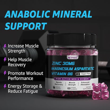 Zinc and Magnesium Supplement (Made in USA), Zinc Magnesium Aspartate Post Workout Gummies for Men Women, w/Vitamin B6, B12, D3, Turmeric for Nighttime Muscle Recovery, Boost Immunity & Sleep, 60 Cts