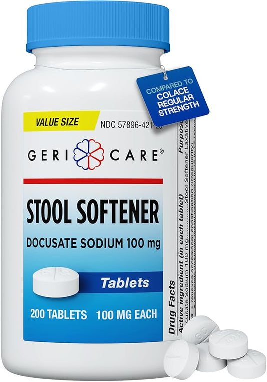 GeriCare Docusate Sodium Stool Softeners, Best Stool Softener for Daily use for Women, Men, and Elderly - Ideal for Constipation Relief 100mg Crushable Tablets. (200 Count) Made in The USA.