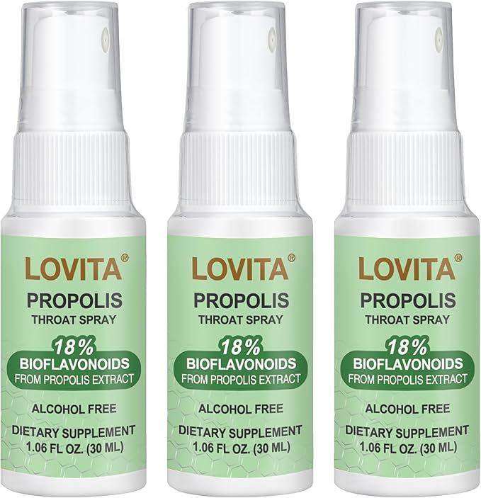 Lovita Propolis Throat Spray, 18% Bioflavonoids, Sore Throat Relief, Alcohol-Free, Gentle and Tasty, 1 Fl Oz (Pack of 3)