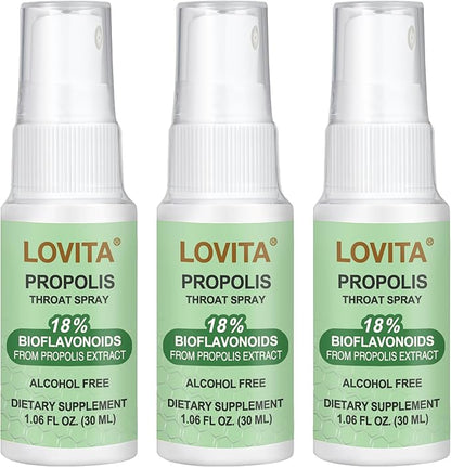 Lovita Propolis Throat Spray, 18% Bioflavonoids, Sore Throat Relief, Alcohol-Free, Gentle and Tasty, 1 Fl Oz (Pack of 3)