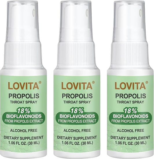 Lovita Propolis Throat Spray, 18% Bioflavonoids, Sore Throat Relief, Alcohol-Free, Gentle and Tasty, 1 Fl Oz (Pack of 3)
