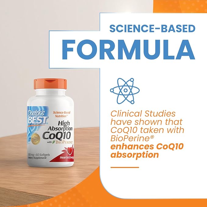 Doctor's Best High Absorption CoQ10 with BioPerine, Gluten Free Naturally Fermented, Heart Health & Energy Production, 100 mg, 60 SoFtgels