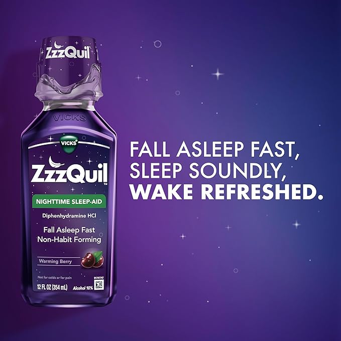 ZzzQuil, Sleep Aid, Nighttime Sleep Aid Liquid, 50 mg Diphenhydramine HCl, Fall Asleep Fast, Non-Habit Forming, Warming Berry Flavor, 12 FL OZ (Pack of 2)