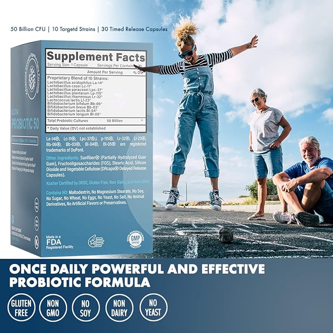 Prebiotics & Probiotics 50 Billion CFU for Women & Men - Time-Release Bifidobacterium Lactobacilli Probiotics for Digestive Health, Bloating Relief, USA-Made, Kosher Live Probiotics with Sunfibre FOS
