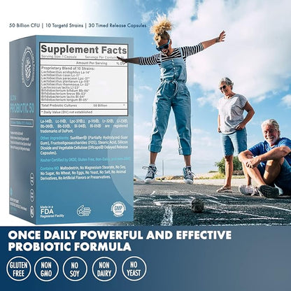 Prebiotics & Probiotics 50 Billion CFU for Women & Men - Time-Release Bifidobacterium Lactobacilli Probiotics for Digestive Health, Bloating Relief, USA-Made, Kosher Live Probiotics with Sunfibre FOS