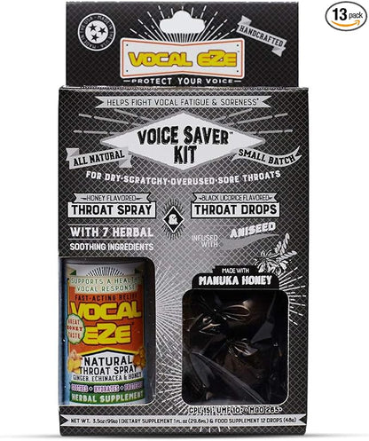 Vocal Eze Voice Saver Kit, Includes Vocal Herbal Throat Spray (1) and (12) Manuka Honey Drops | Relieve Sore, Hoarse, Fatigue, Dryness of Throat | Immune Support, Natural Ingredients (Aniseed)