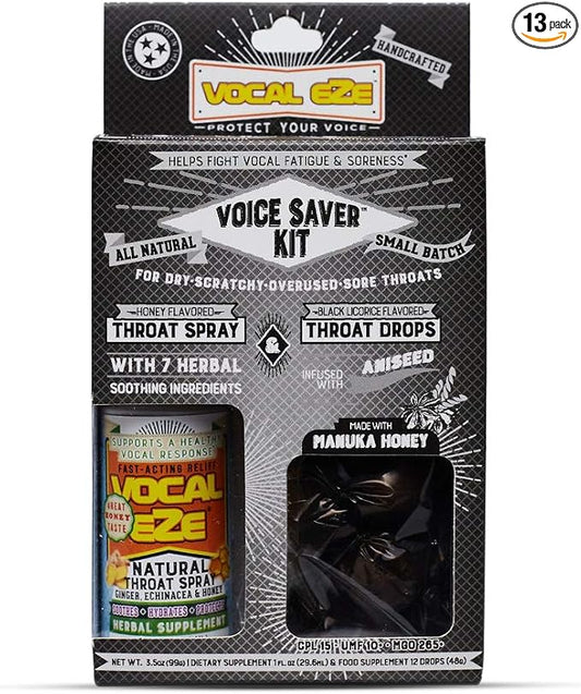 Vocal Eze Voice Saver Kit, Includes Vocal Herbal Throat Spray (1) and (12) Manuka Honey Drops | Relieve Sore, Hoarse, Fatigue, Dryness of Throat | Immune Support, Natural Ingredients (Aniseed)
