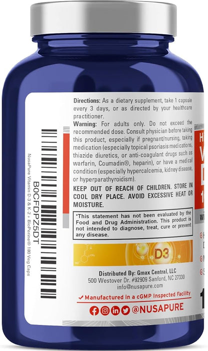 NusaPure Vitamin K2 (MK7) (200mcg) + Vitamin D3 (10000 IU) 180 Veg Caps - Bioperine, Soyfree, Non-GMO