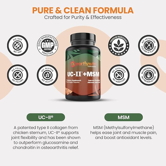 UC-II & MSM Supplement for Bone Health and Joint Flexibility - Supports Joint Repair Mobility & Comfort - 40mg UC-II Providing 10mg Total Collagen & 1000mg MSM - 60 Capsules (2 Caps Daily)