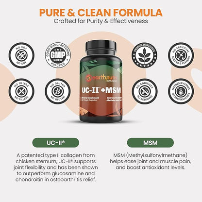 UC-II & MSM Supplement for Bone Health and Joint Flexibility - Supports Joint Repair Mobility & Comfort - 40mg UC-II Providing 10mg Total Collagen & 1000mg MSM - 60 Capsules (2 Caps Daily)