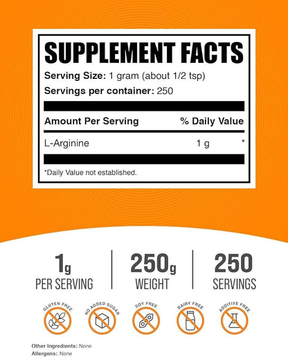 BulkSupplements.com L-Arginine Powder - Arginine Supplement, Nitric Oxide Supplement - Unflavored & Gluten Free, 1g per Serving, 250g (8.8 oz) (Pack of 1)