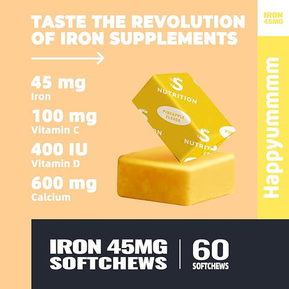 Iron Soft Chews Supplement with Vitamin C | Pineapple Flavored | Gluten Free | Iron Supplement for Women Men and Kids | 60 Count | 2 Month Supply
