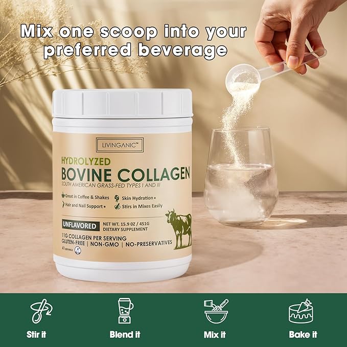 Collagen Peptides Powder Unflavored 15.9oz, Hydrolyzed Bovine Collagen 41 Servings Types I & III, Grass-Fed, Pasture-Raised Protein, Zero Sugar Supplement