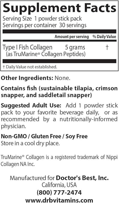Doctor's Best Fish Collagen w/Naticol Fish Collagen, Supports Skin, Nails, Joints, 30 Powder Stick Pack