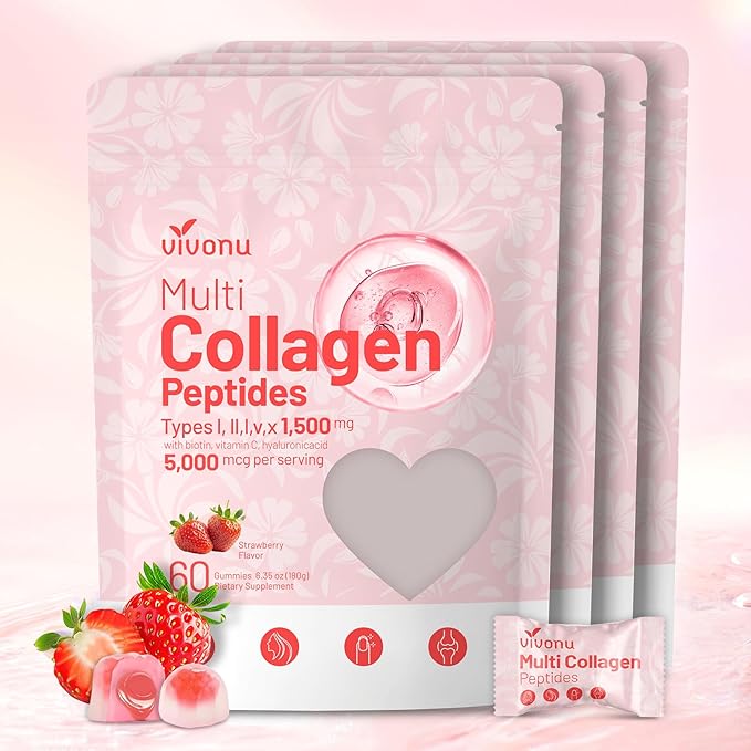 Multi Collagen Peptides Gummies for Women & Men Sugar-Free, Multi Collagen Hydrolyzed Protein Type I,II,III,V,X, Biotin, Methylated B12, Vitamin C A E D3 B6 for Skin Hair Nails, Bone